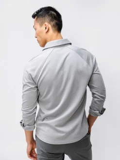 Men'S Ministry of Supply Grey White Heather (Brushed) Men'S Apollo Raglan Long Sleeve Polo