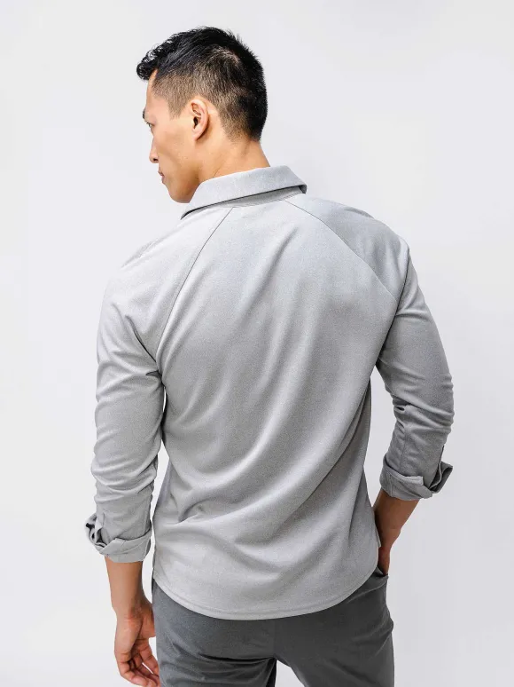 Men'S Ministry of Supply Grey White Heather (Brushed) Men'S Apollo Raglan Long Sleeve Polo