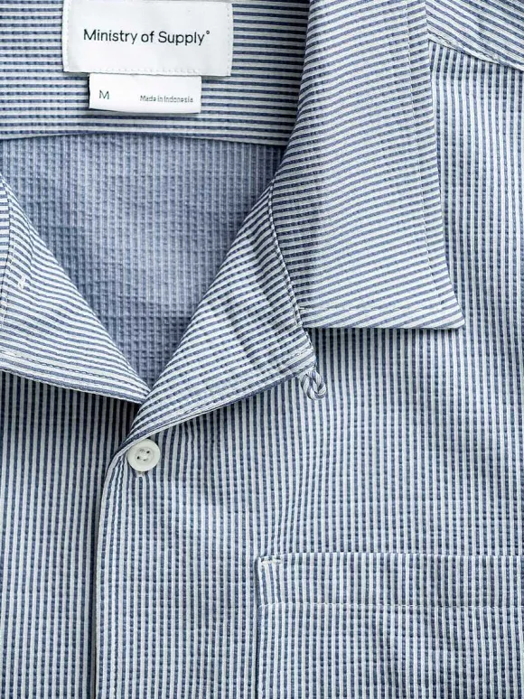 Men'S Ministry of Supply Navy Stripe Men'S Hybrid Seersucker Short Sleeve Shirt
